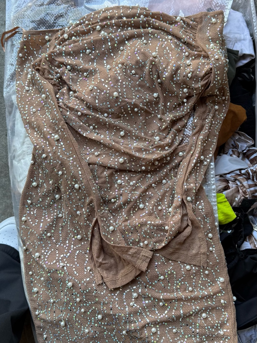 chic Nude/Brown Long Sleeve Pearl & Sequin Bodycon Dress
